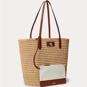 New Ralph Lauren Leather-Trim Straw Brown Large Brie Tote Bag
